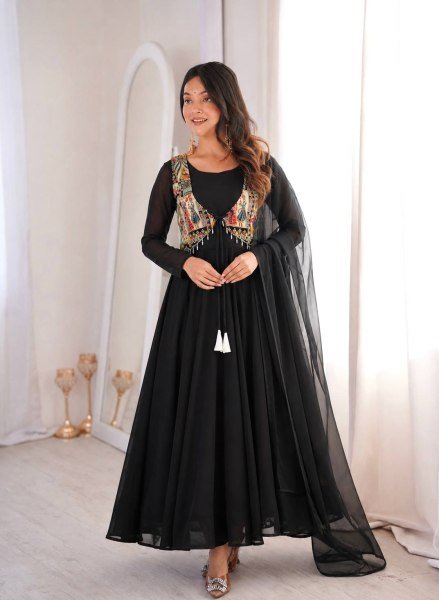 Upscale Black Faux Georgette Anarkali Gown with Position Work Koti   Dupatta at Factory Price Ready To Wear Collection