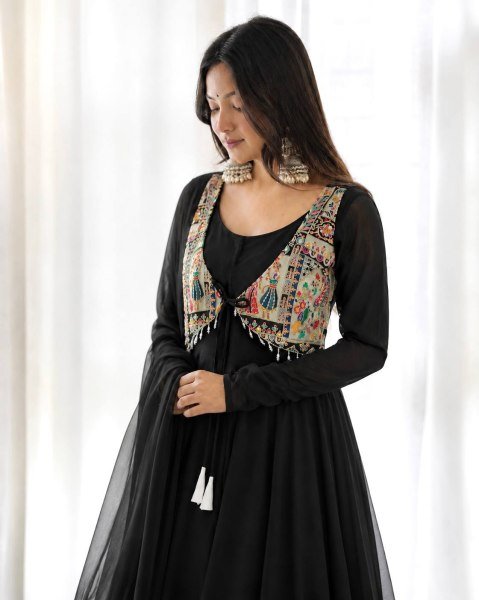 Upscale Black Faux Georgette Anarkali Gown with Position Work Koti   Dupatta at Factory Price Ready To Wear Collection