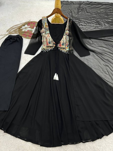 Upscale Black Faux Georgette Anarkali Gown with Position Work Koti   Dupatta at Factory Price Ready To Wear Collection