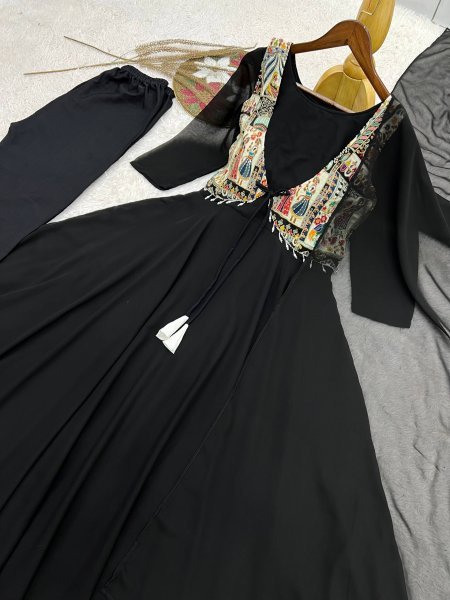 Upscale Black Faux Georgette Anarkali Gown with Position Work Koti   Dupatta at Factory Price Ready To Wear Collection