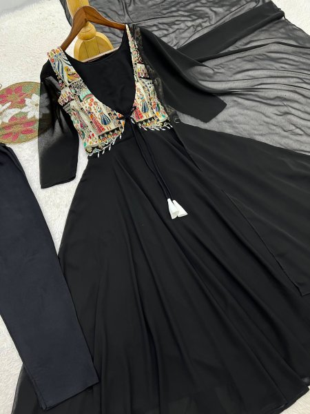 Upscale Black Faux Georgette Anarkali Gown with Position Work Koti   Dupatta at Factory Price Ready To Wear Collection
