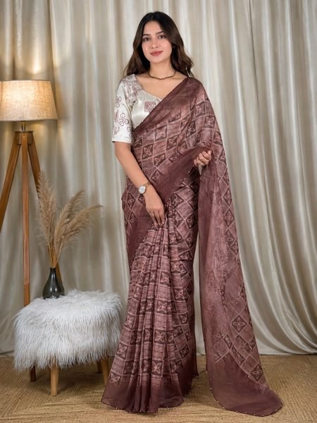 Upscale Brown Designer Soft Glass Organza Saree with Sibhori Batik Print and Pearl Border Work 