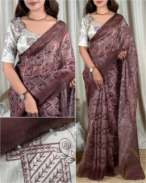 Upscale Brown Designer Soft Glass Organza Saree with Sibhori Batik Print and Pearl Border Work Organza Sarees Wholesale