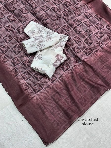 Upscale Brown Designer Soft Glass Organza Saree with Sibhori Batik Print and Pearl Border Work Organza Sarees Wholesale