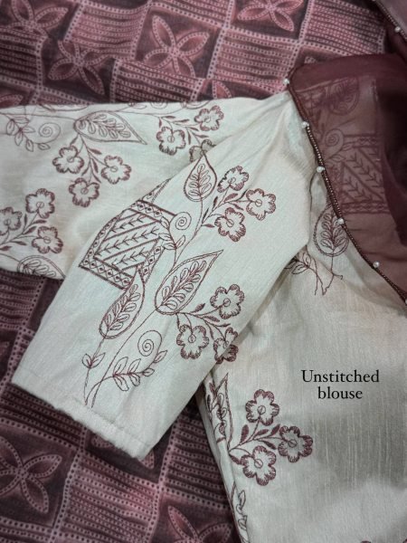 Upscale Brown Designer Soft Glass Organza Saree with Sibhori Batik Print and Pearl Border Work Organza Sarees Wholesale