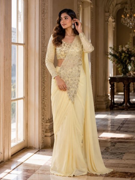 Upscale Cream Designer Ready to Wear Faux Georgette Saree for Wedding Wear Sarees 