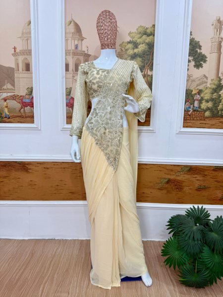 Upscale Cream Designer Ready to Wear Faux Georgette Saree for Wedding Wear Ready To Wear Saree 