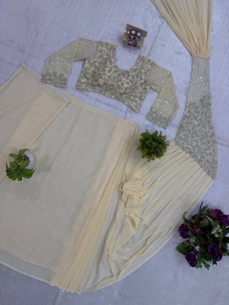 Upscale Cream Designer Ready to Wear Faux Georgette Saree for Wedding Wear Ready To Wear Saree 
