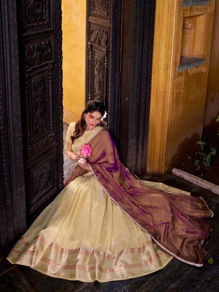 Upscale Cream Dupion Silk Lehenga Choli with Zari Shimmer Dupatta at Manufacturer   Lehenga
