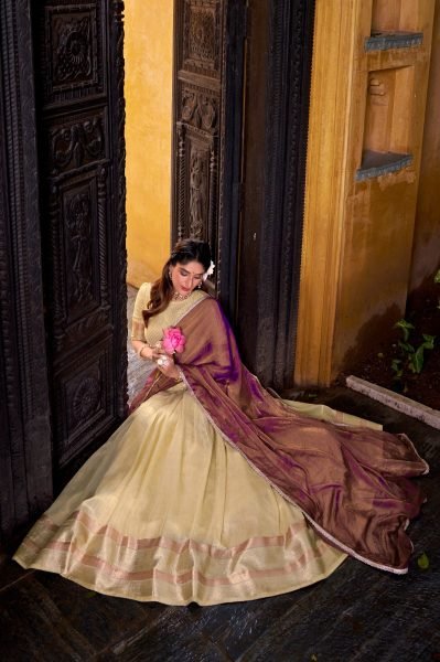 Upscale Cream Dupion Silk Lehenga Choli with Zari Shimmer Dupatta at Manufacturer  Designer Lehenga Choli