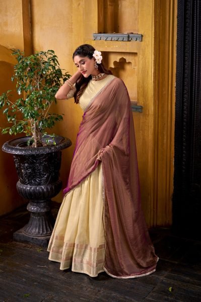 Upscale Cream Dupion Silk Lehenga Choli with Zari Shimmer Dupatta at Manufacturer  Designer Lehenga Choli