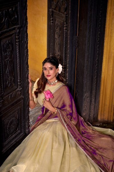 Upscale Cream Dupion Silk Lehenga Choli with Zari Shimmer Dupatta at Manufacturer  Designer Lehenga Choli
