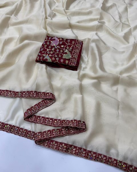 Upscale Cream Women s Rangoli Sequence Embroidered Saree At Wholesale Embroidery Sarees Wholesale