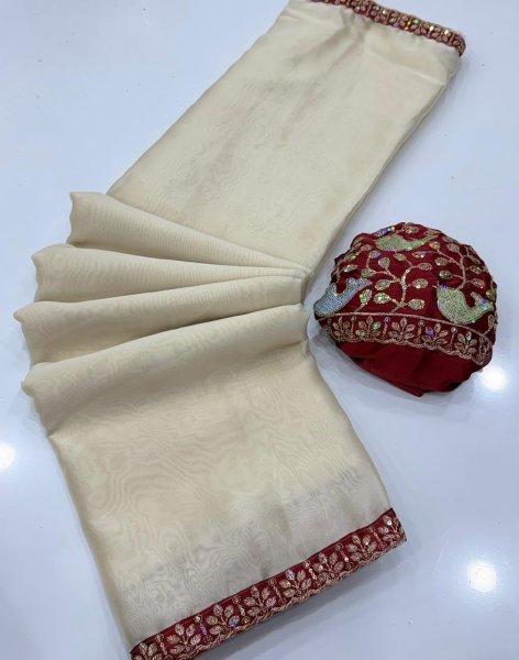 Upscale Cream Women s Rangoli Sequence Embroidered Saree At Wholesale Embroidery Sarees Wholesale