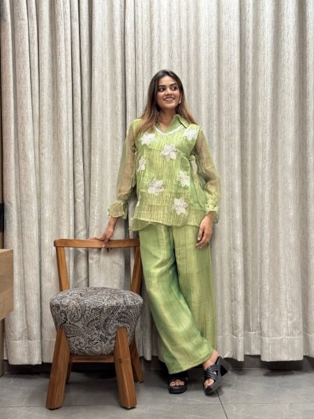 Upscale Green Premium Rich Salsa Top and Palazzo Set with Cotton Lining 