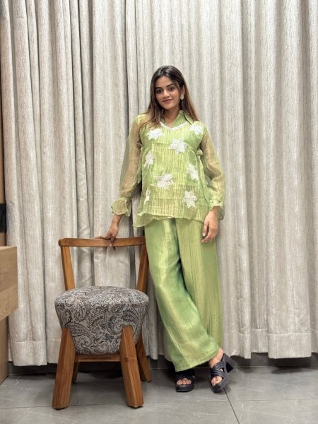 Upscale Green Premium Rich Salsa Top and Palazzo Set with Cotton Lining CO ORD Sets