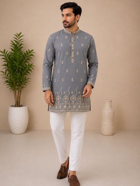 Upscale Grey Men's Ethnic Rayon Cotton Kurta with Full Sleeves and Side Pockets Mens Wear