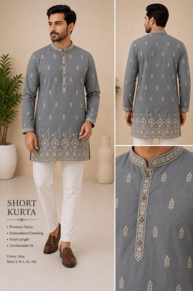 Upscale Grey Men's Ethnic Rayon Cotton Kurta with Full Sleeves and Side Pockets Mens Short Kurta