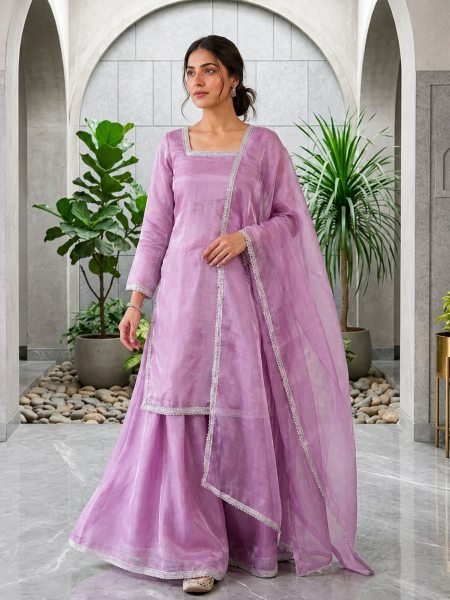 Upscale Lavender GMY Silk Top Palazzo Dupatta Set with Matching Dupatta Ready To Wear Suit