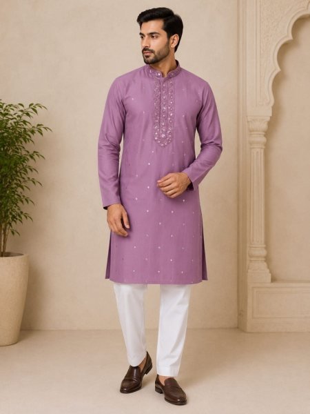 Upscale Lavender Men's Rayon Slub Kurta Pajama Set with Stylish Neck Work Kurta Pajama Wholesale