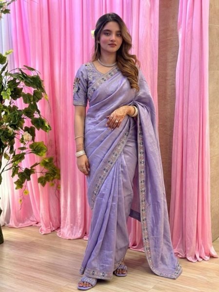 Upscale Lavender Stylish Satin Silk Saree with Sequins Work Shop by Occasion