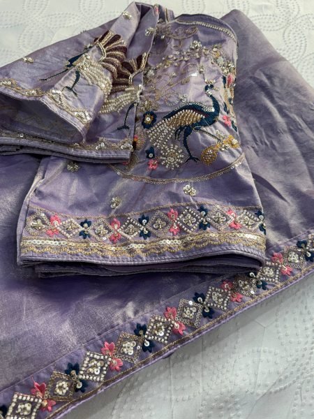 Upscale Lavender Stylish Satin Silk Saree with Sequins Work Designer Wedding Sarees Wholesale