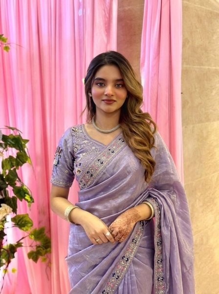 Upscale Lavender Stylish Satin Silk Saree with Sequins Work Designer Wedding Sarees Wholesale