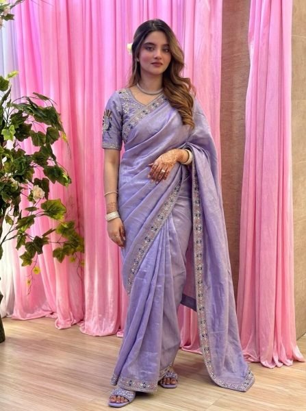 Upscale Lavender Stylish Satin Silk Saree with Sequins Work Designer Wedding Sarees Wholesale