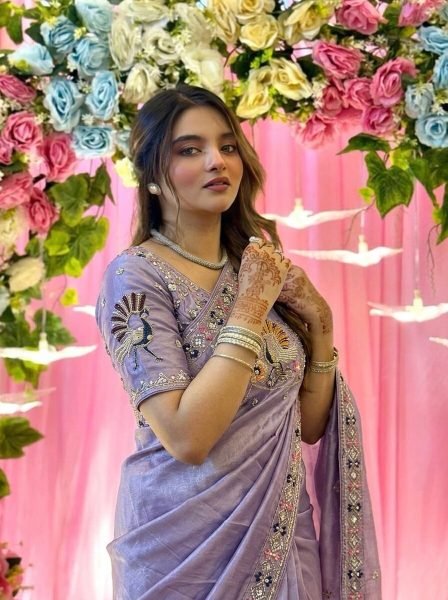 Upscale Lavender Stylish Satin Silk Saree with Sequins Work Designer Wedding Sarees Wholesale