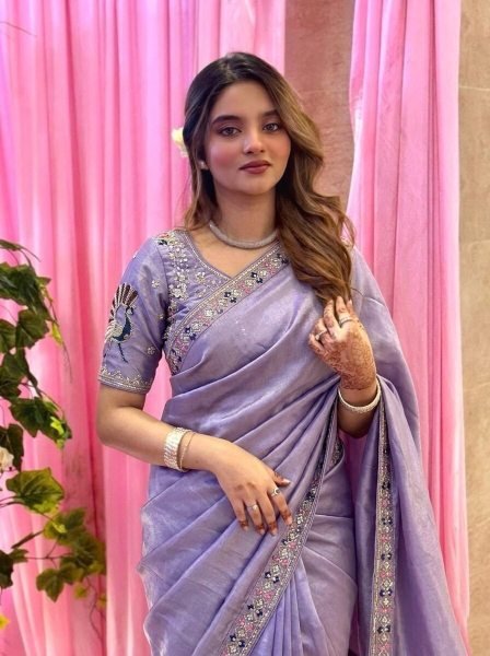 Upscale Lavender Stylish Satin Silk Saree with Sequins Work Designer Wedding Sarees Wholesale