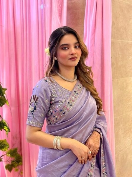 Upscale Lavender Stylish Satin Silk Saree with Sequins Work Designer Wedding Sarees Wholesale
