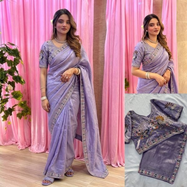 Upscale Lavender Stylish Satin Silk Saree with Sequins Work Designer Wedding Sarees Wholesale