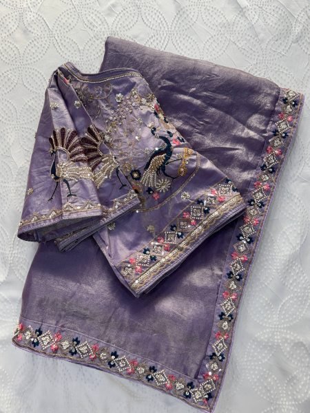 Upscale Lavender Stylish Satin Silk Saree with Sequins Work Designer Wedding Sarees Wholesale