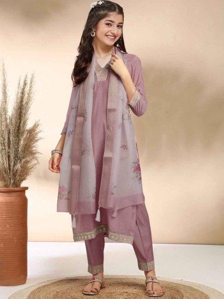 Upscale Mauve Girls Ethnic Cotton Kurti Set with Digital Dupatta for Festive Wear Girls Wear