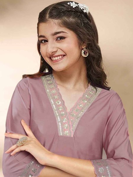 Upscale Mauve Girls Ethnic Cotton Kurti Set with Digital Dupatta for Festive Wear Girls Wear