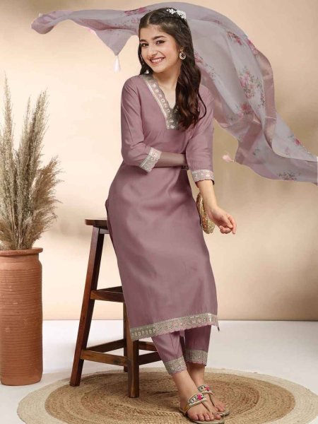 Upscale Mauve Girls Ethnic Cotton Kurti Set with Digital Dupatta for Festive Wear Girls Wear
