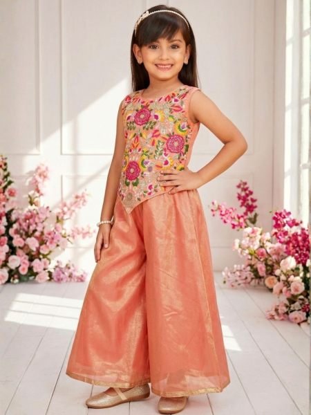 Upscale Orange Designer Girls Sharara Set with Embroidered Twill Net Kurta at Wholesale  