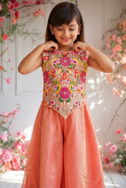 Upscale Orange Designer Girls Sharara Set with Embroidered Twill Net Kurta at Wholesale  Girls Wear
