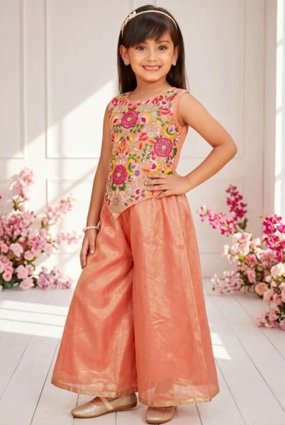 Upscale Orange Designer Girls Sharara Set with Embroidered Twill Net Kurta at Wholesale  Girls Wear