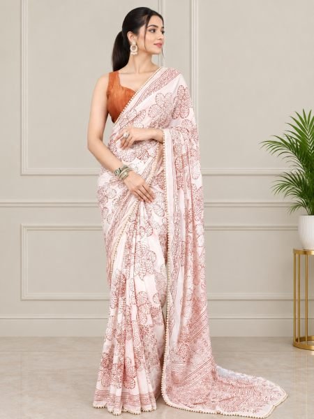 Upscale Orange Heavy Georgette Silk Printed Saree with Unstitched Blouse 