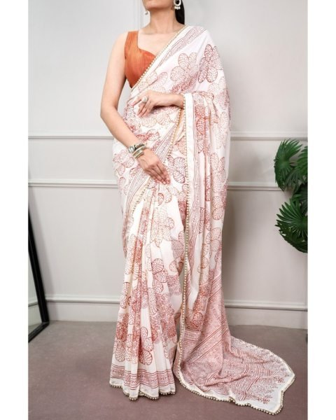 Upscale Orange Heavy Georgette Silk Printed Saree with Unstitched Blouse Silk Sarees Wholesale