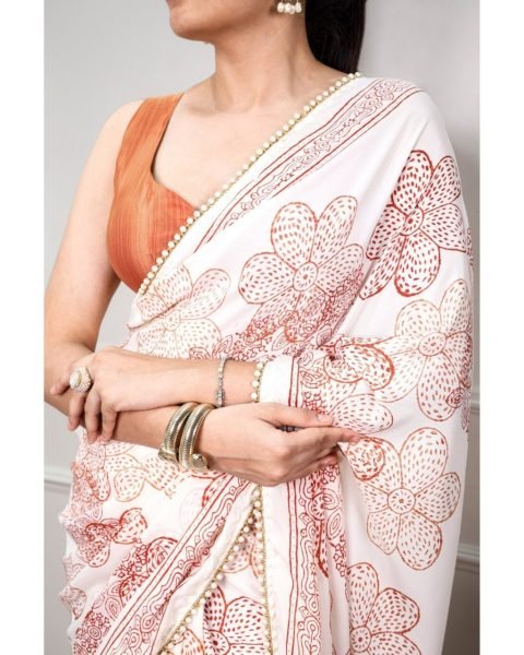 Upscale Orange Heavy Georgette Silk Printed Saree with Unstitched Blouse Silk Sarees Wholesale