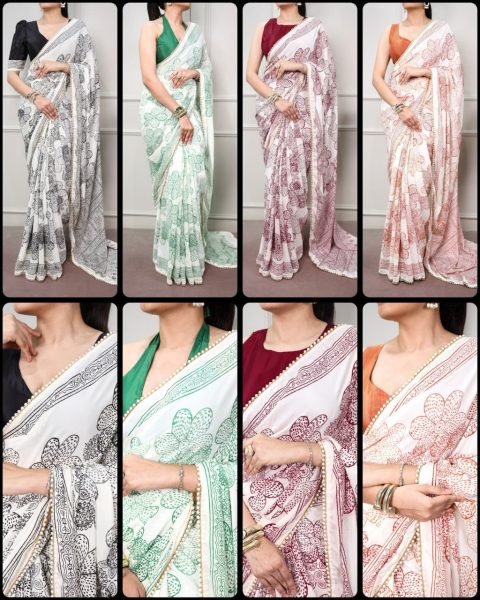 Upscale Orange Heavy Georgette Silk Printed Saree with Unstitched Blouse Silk Sarees Wholesale