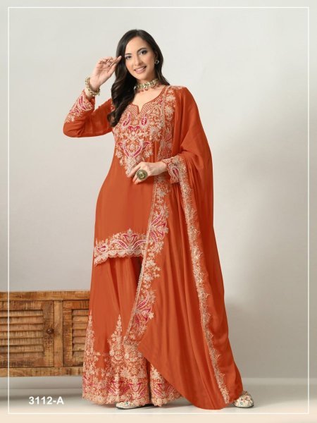 Upscale Orange Semi Stitched Chinon Dress Material for Wedding and Festive Wear Salwar Kameez