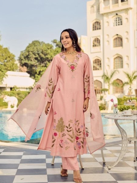 Upscale Peach Chanderi Silk Kurti Pant Dupatta Set with Embroidery for Festive Wear Kurtis