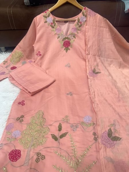 Upscale Peach Chanderi Silk Kurti Pant Dupatta Set with Embroidery for Festive Wear Embroidery Kurtis 
