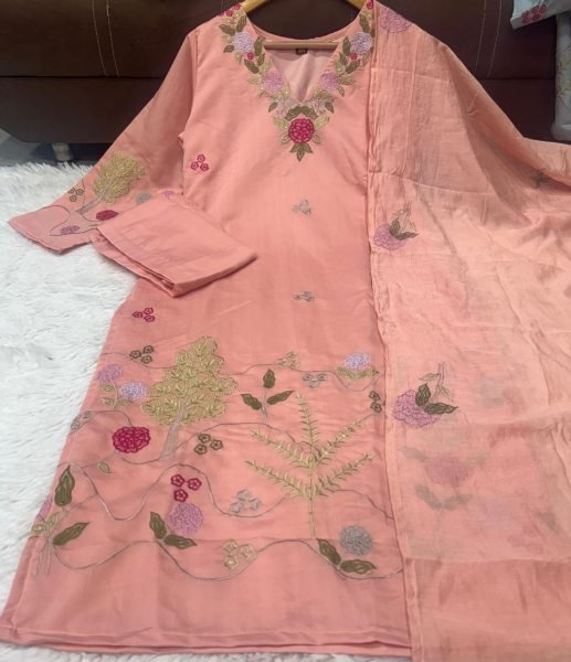 Upscale Peach Chanderi Silk Kurti Pant Dupatta Set with Embroidery for Festive Wear Embroidery Kurtis 