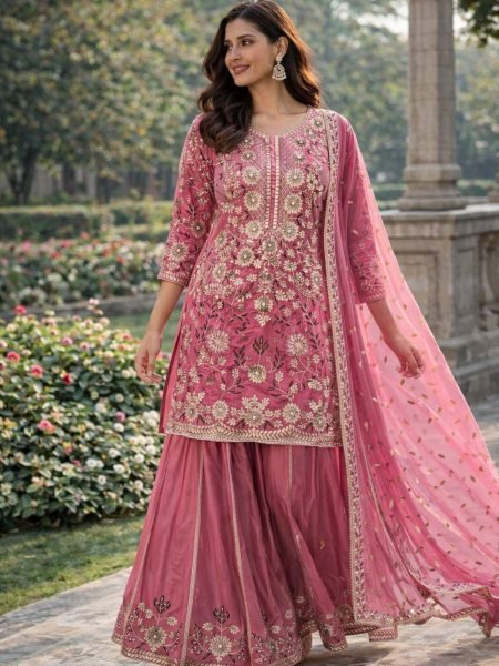 Upscale Pink Crepe Silk Embroidered Kurti Palazzo Set with Dupatta for Women 