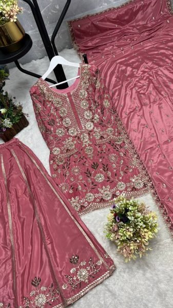 Upscale Pink Crepe Silk Embroidered Kurti Palazzo Set with Dupatta for Women Ready To Wear Collection