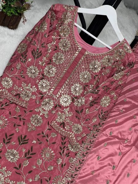Upscale Pink Crepe Silk Embroidered Kurti Palazzo Set with Dupatta for Women Ready To Wear Collection